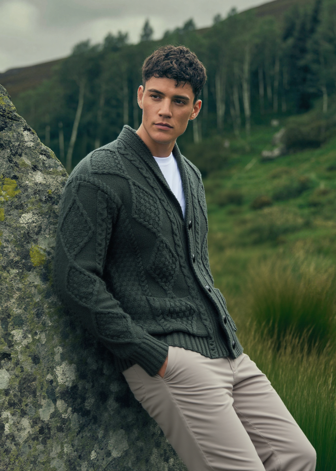 Aran Men's Shawl Button Cardigan | Army Green 