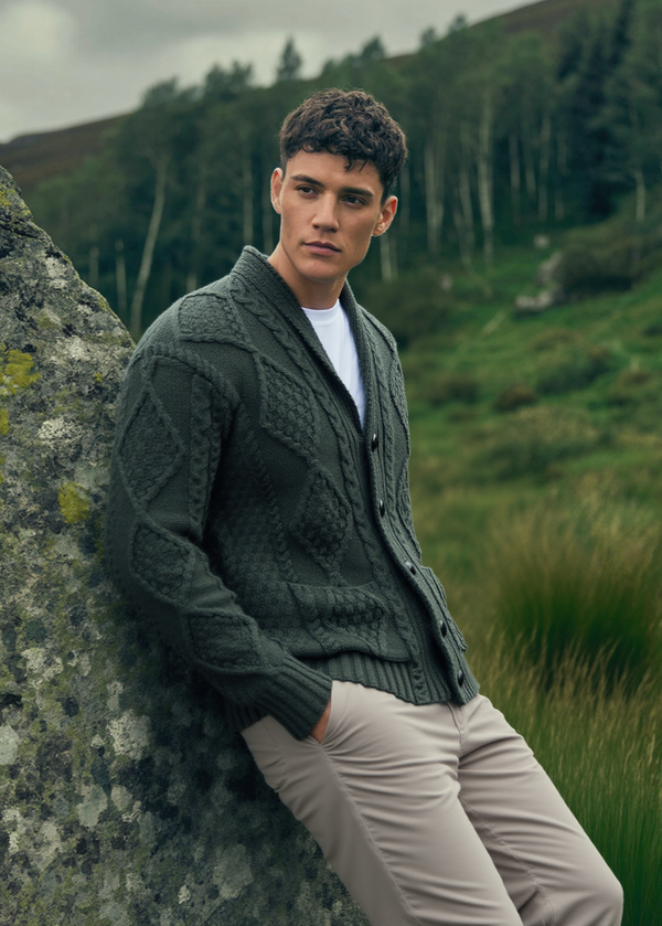 Aran Men's Shawl Button Cardigan | Army Green 