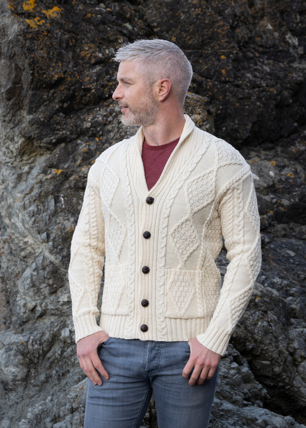 Aran Men's Shawl Button Cardigan | Natural 