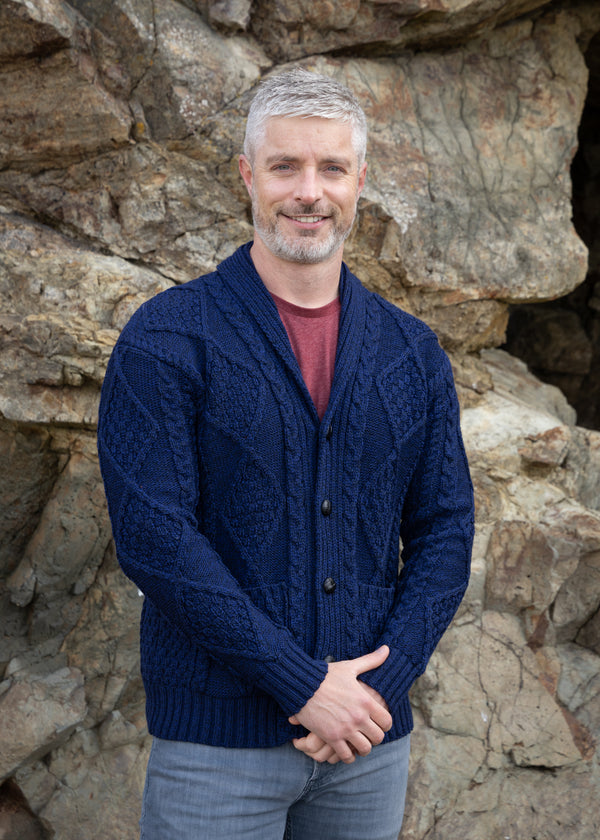 Aran Men's Shawl Button Cardigan | Blue