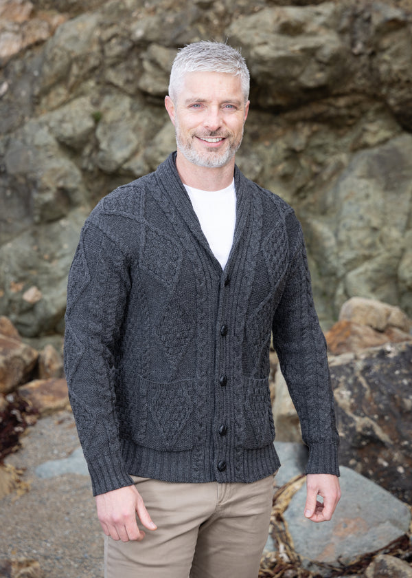 Aran Men's Shawl Button Cardigan | Charcoal - Clearance