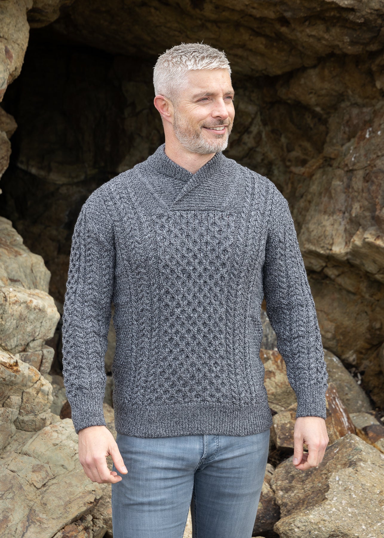 Aran Shawl Neck Sweater | Slate