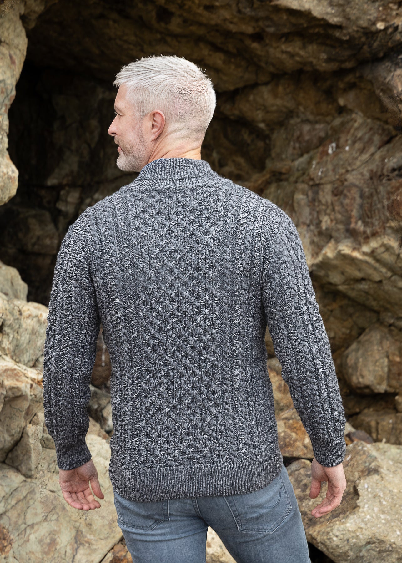 Aran Shawl Neck Sweater | Slate