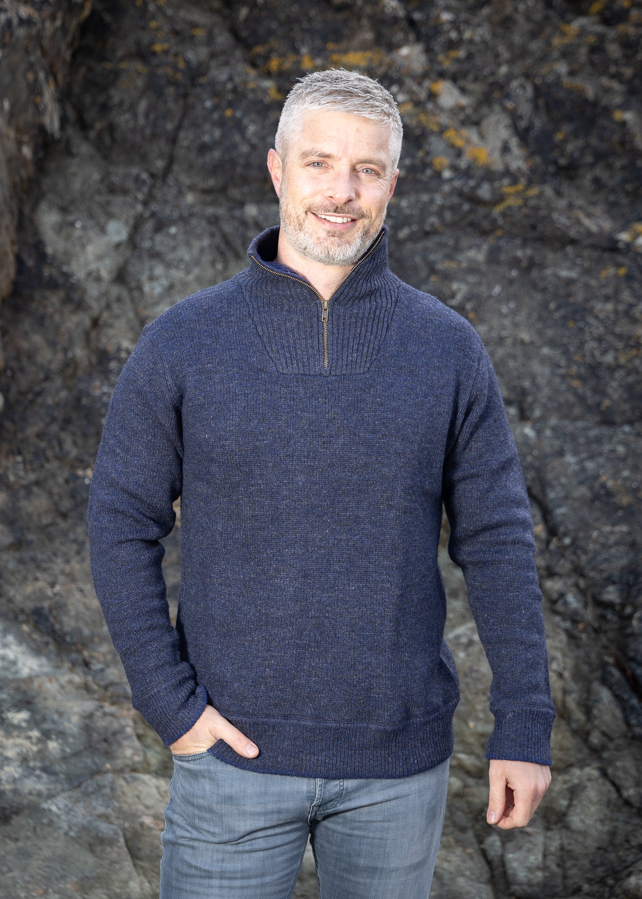 Mens knitted half zip pullover Navy Marl