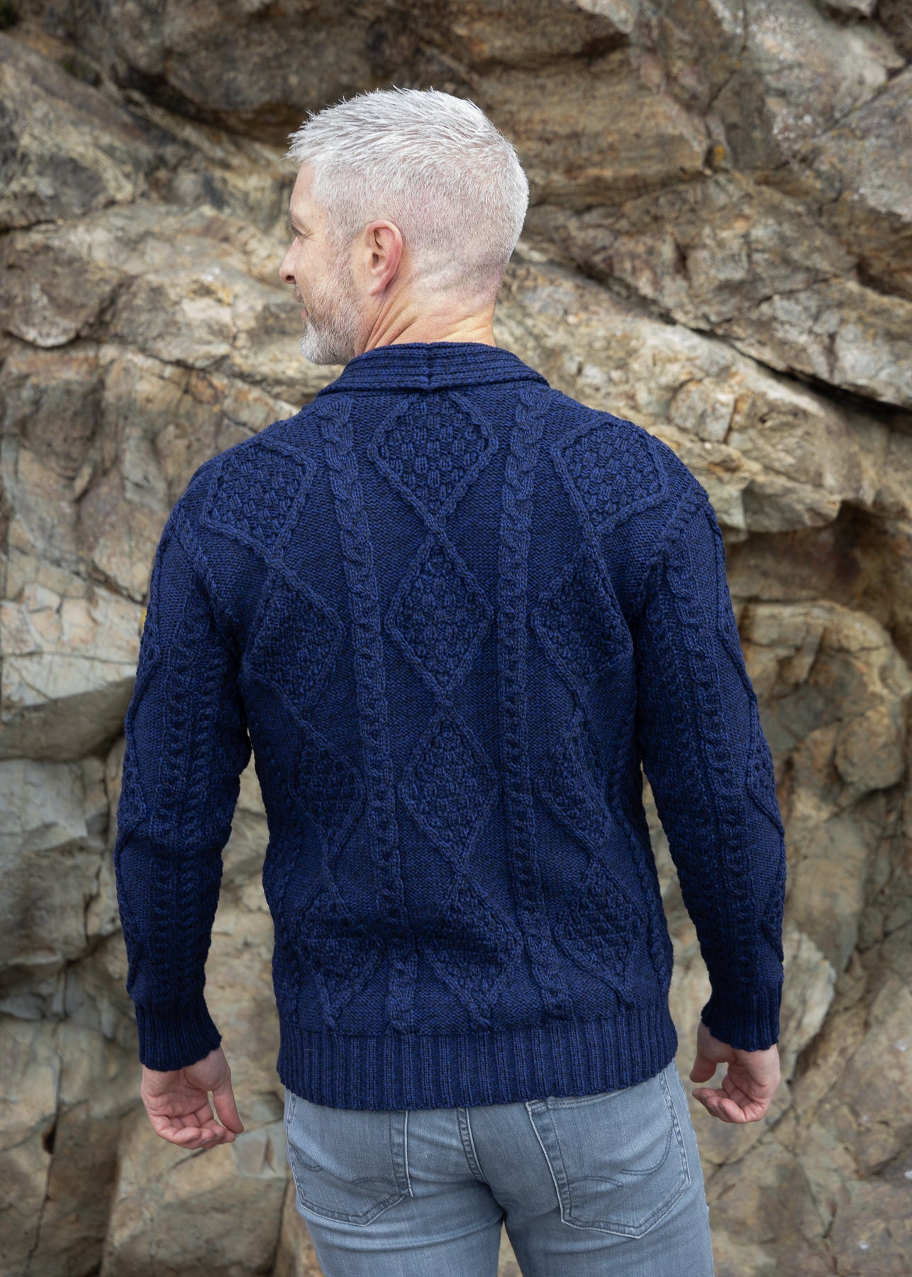 Aran Men's Shawl Button Cardigan | Blue