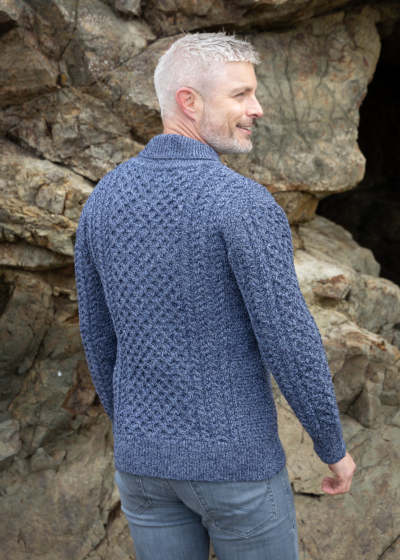 Aran Shawl Neck Sweater | Denim