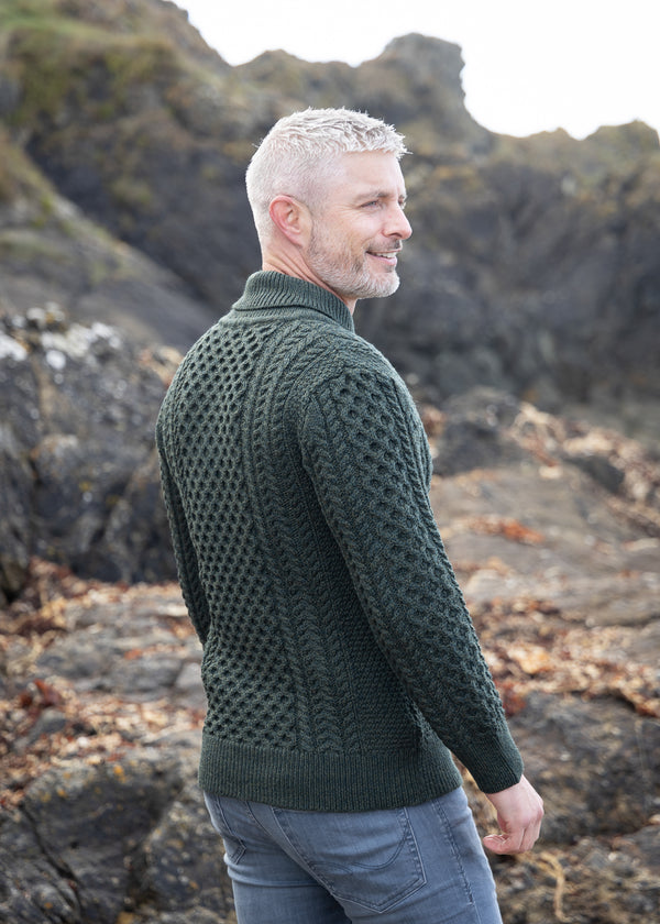 Aran Shawl Neck Sweater | Army Green