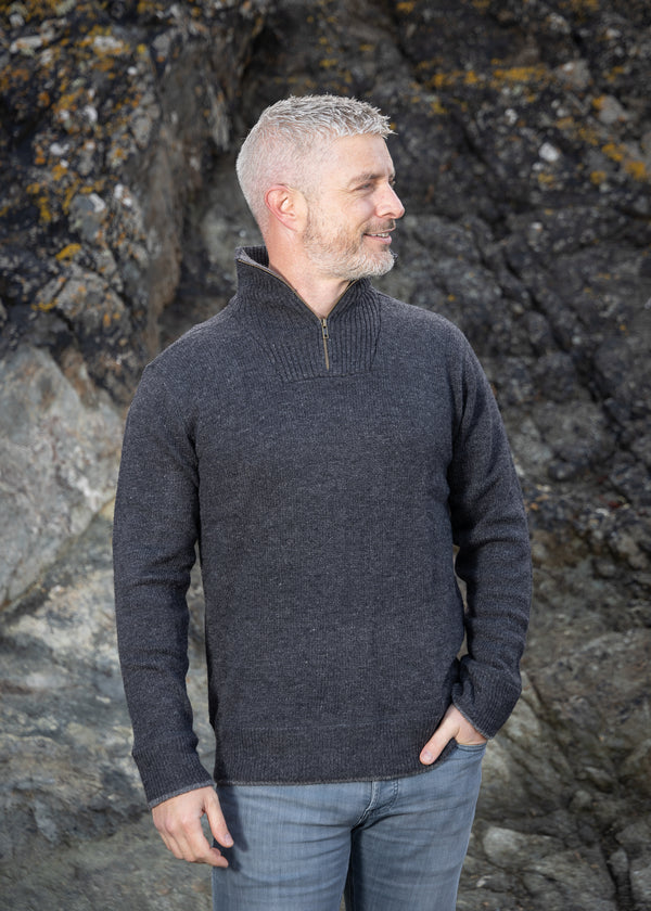 Mens Zip Lambswool Sweater | Charcoal