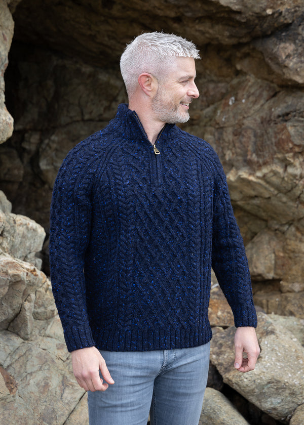 Aran Donegal Zip Sweater | Navy