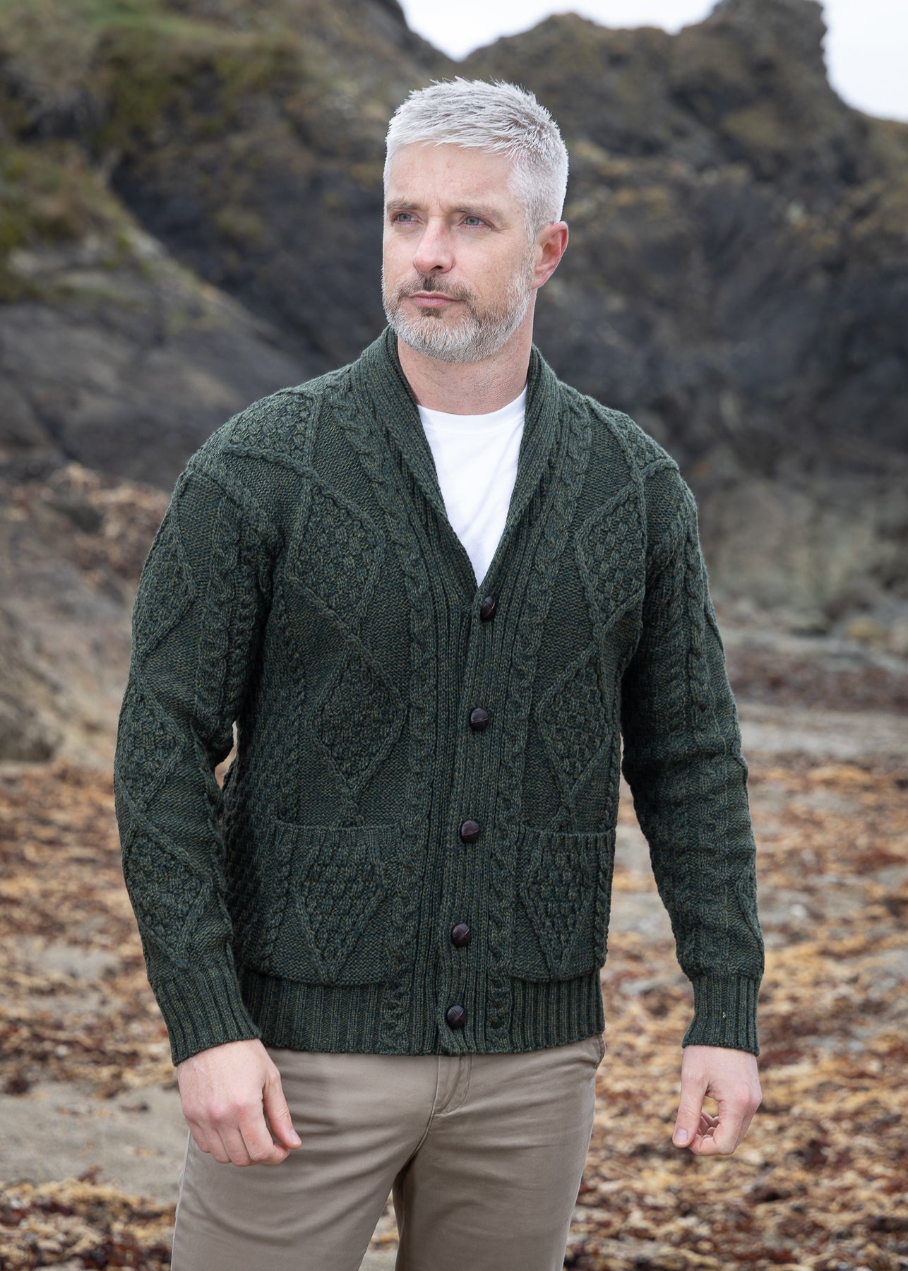 Aran Men's Shawl Button Cardigan | Army Green