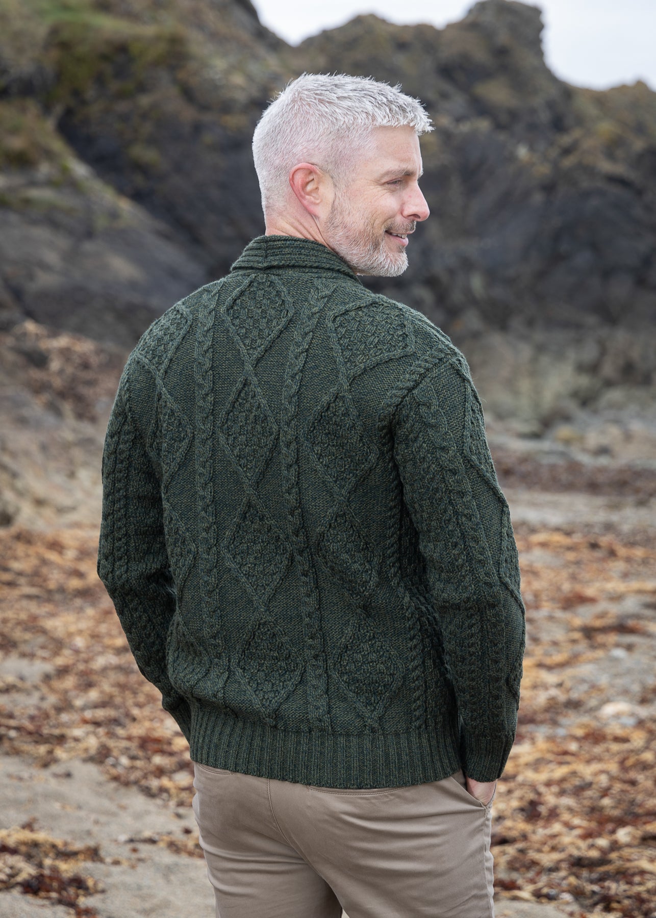 Aran Men's Shawl Button Cardigan | Army Green