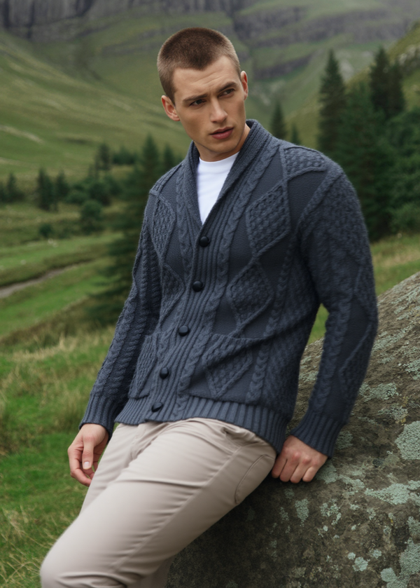 Aran Men's Shawl Button Cardigan | Charcoal