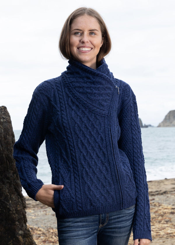 Claddagh Side Zip Aran Cardigan | Blue