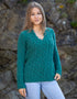 IrelandsEye Women's V Neck Aran Sweater | Green Garden