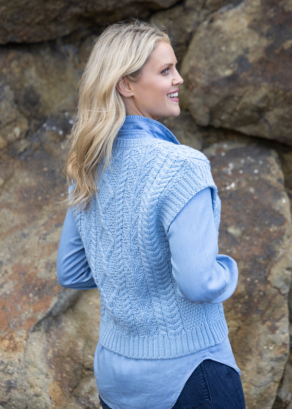 Women's V Neck Aran Vest | Morning Sky