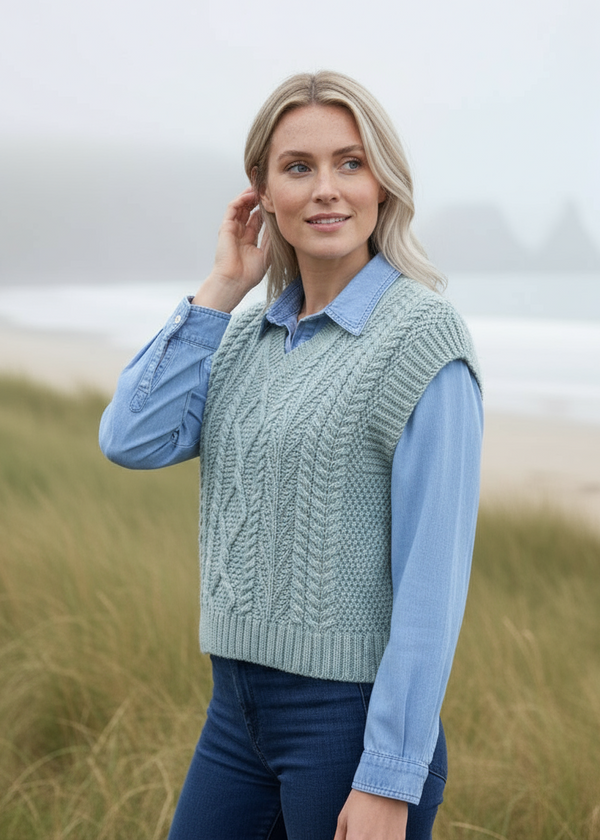 Women's V Neck Aran Vest | Sage Marl