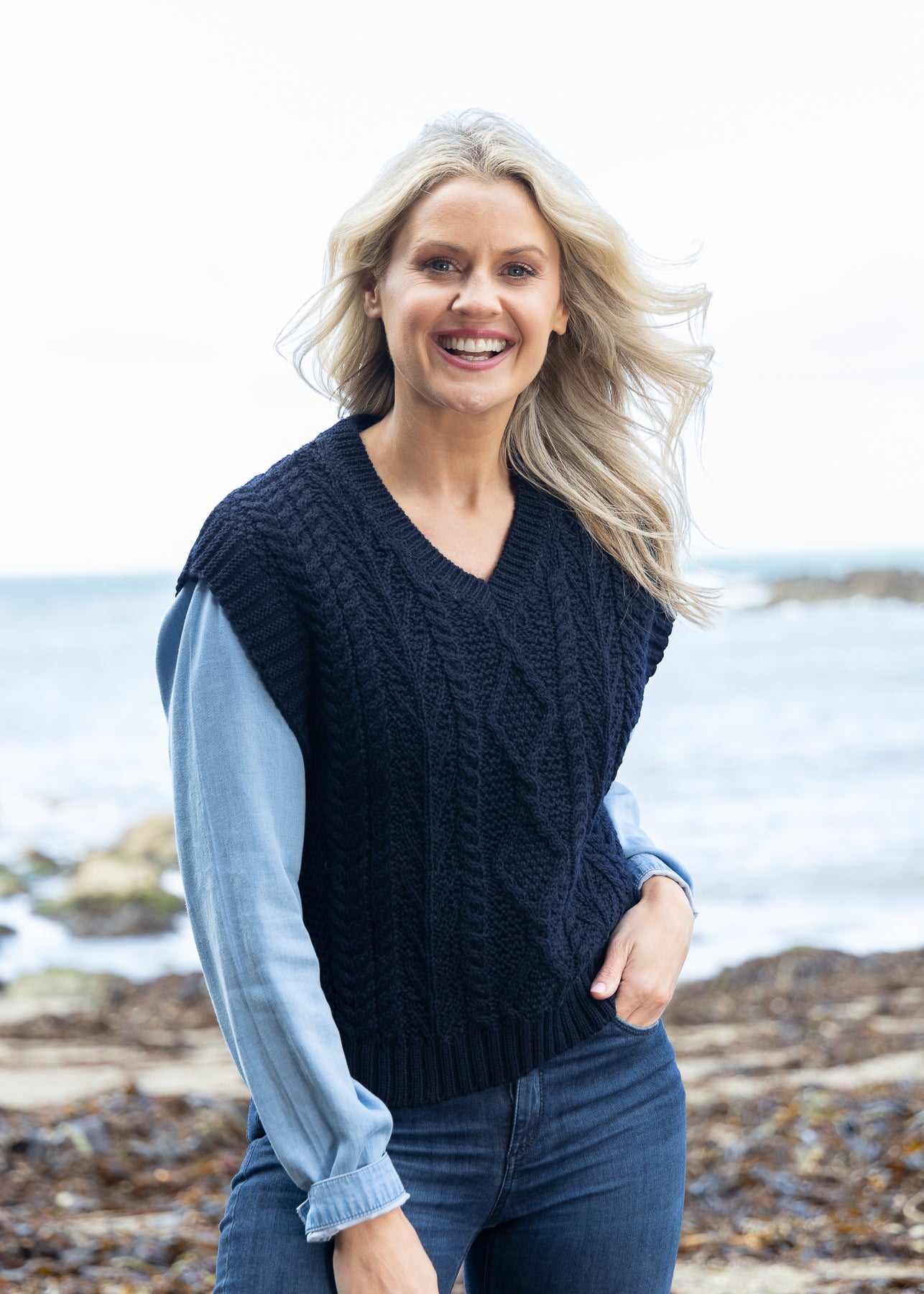 IrelandsEye Women's V Neck Aran Vest | Navy