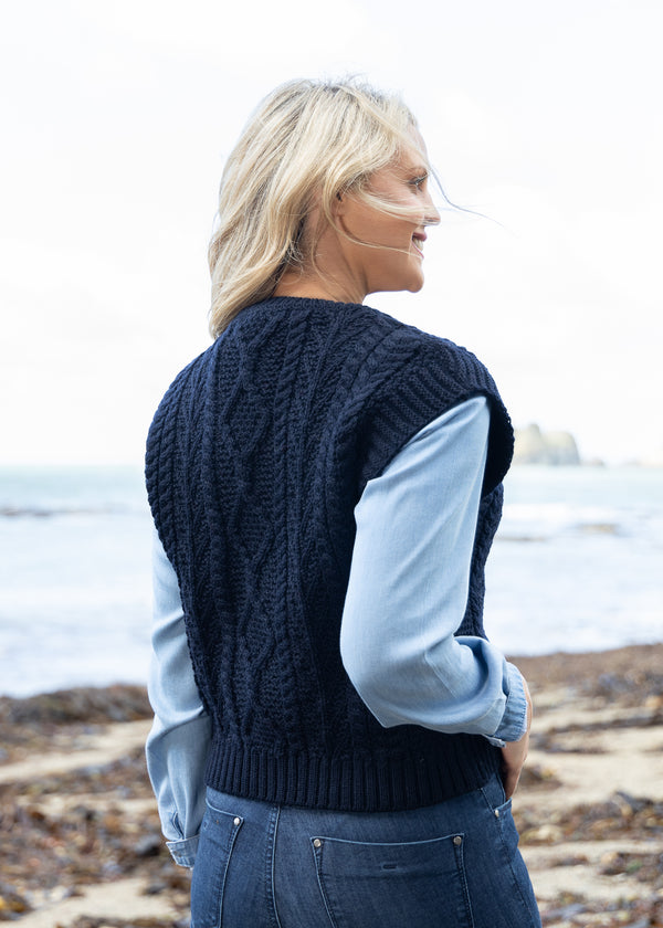 IrelandsEye Women's V Neck Aran Vest | Navy