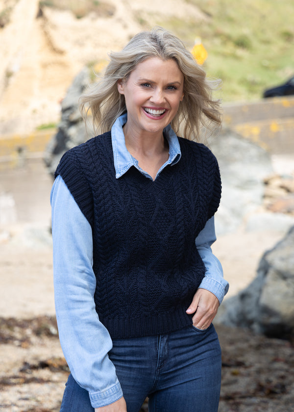 Women's V Neck Aran Vest | Navy