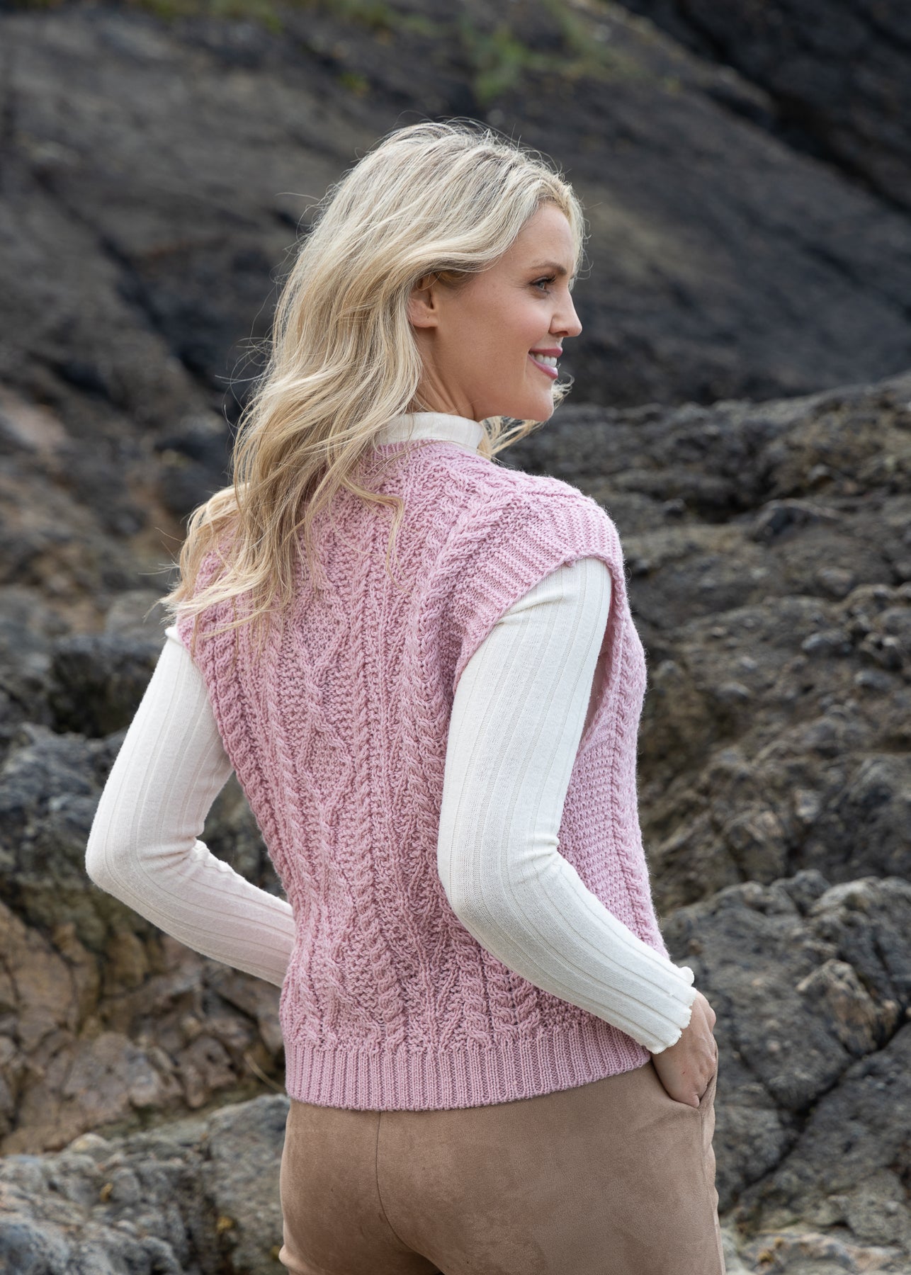 IrelandsEye Women's V Neck Aran Vest | Pink