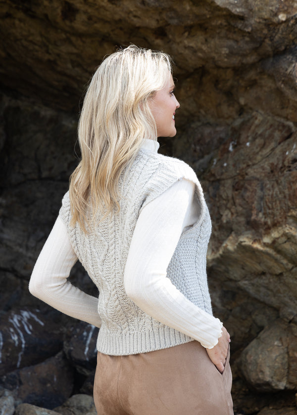 Women's V Neck Aran Vest | Silver Marl