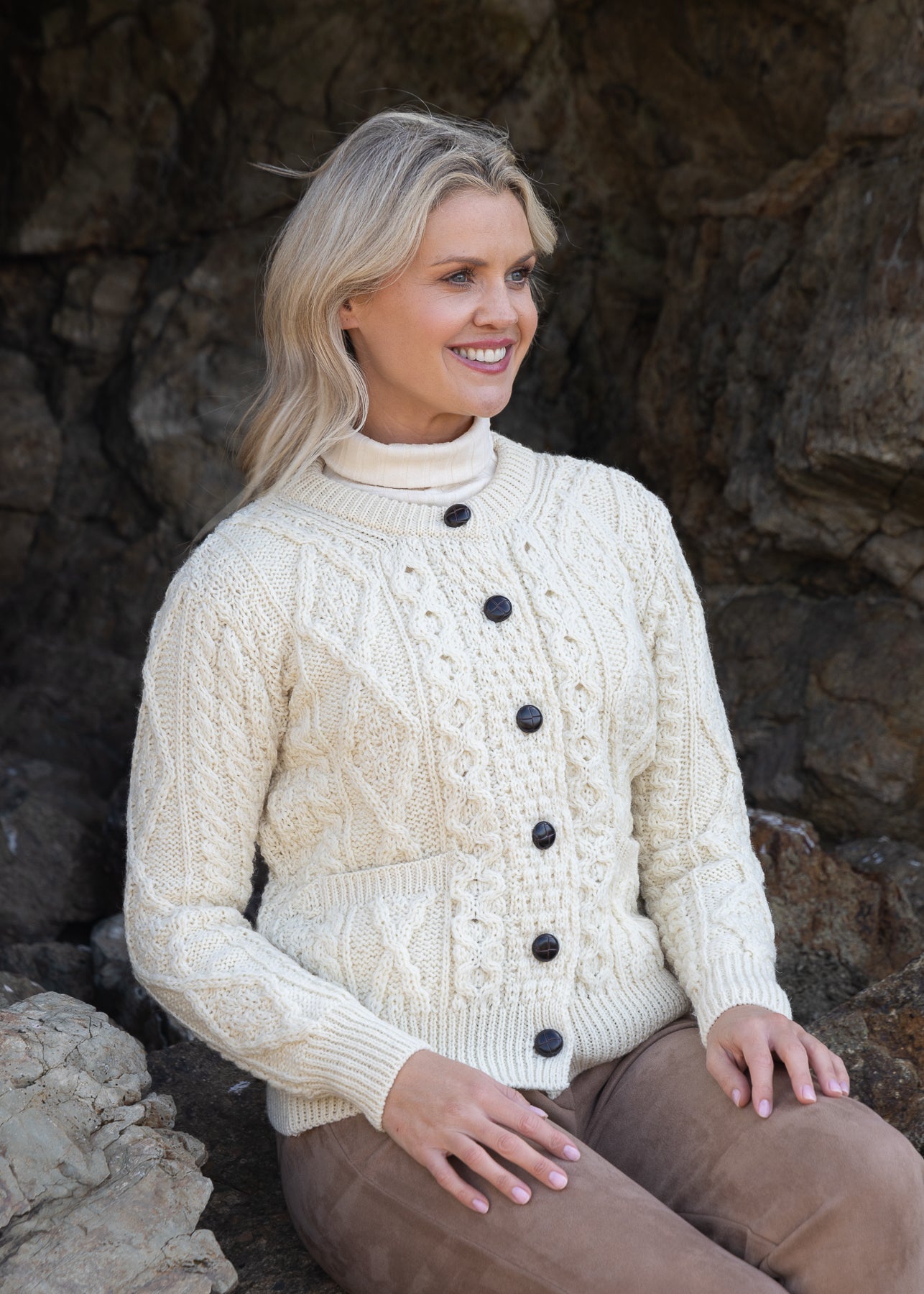 Inagh Ladies Aran Cardigan | Natural