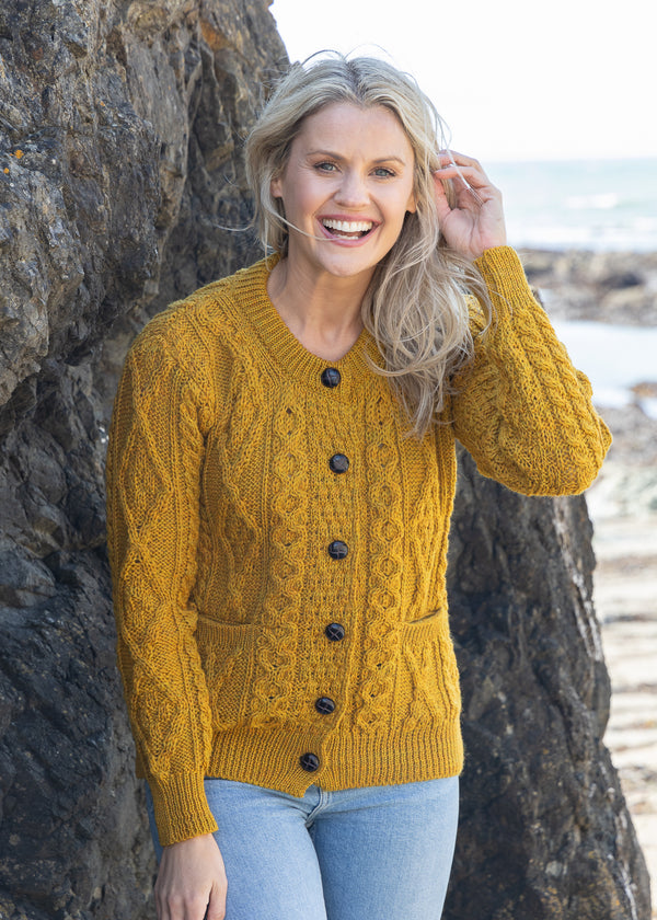 Inagh Ladies Aran Cardigan | Mustard