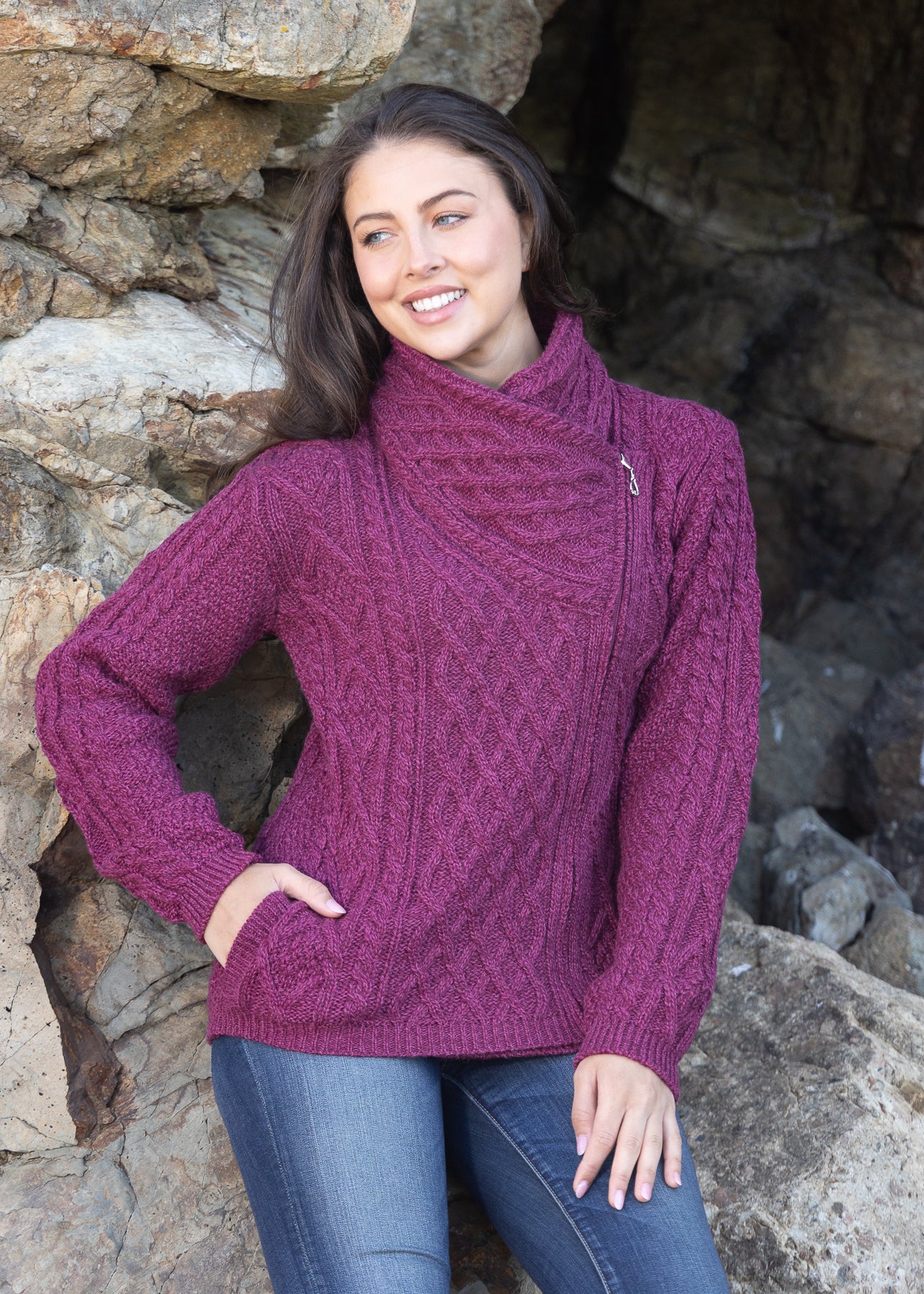 Claddagh Side Zip Aran Cardigan | Raspberry