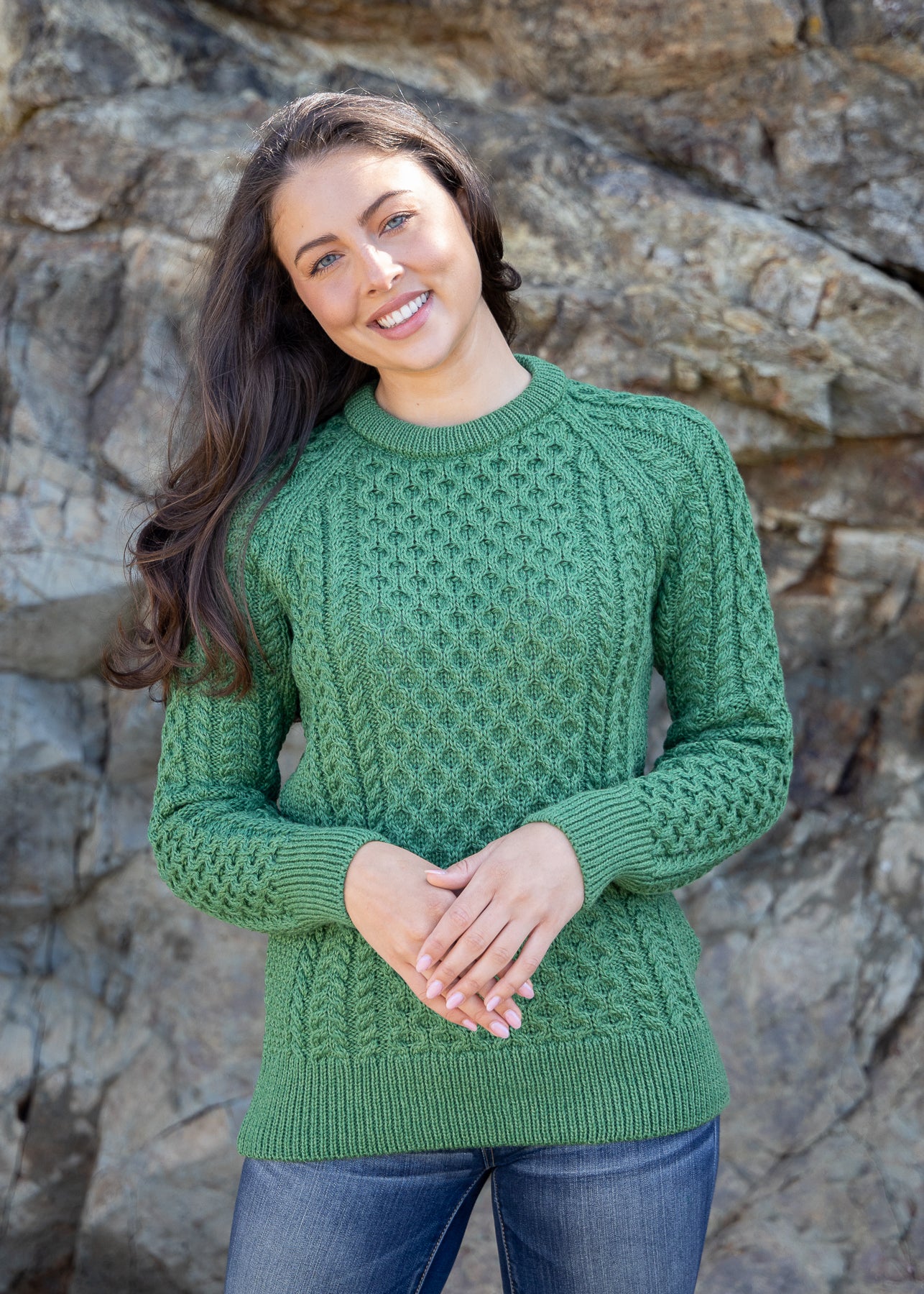 Ladies Slim-Fit Aran Sweater | Green