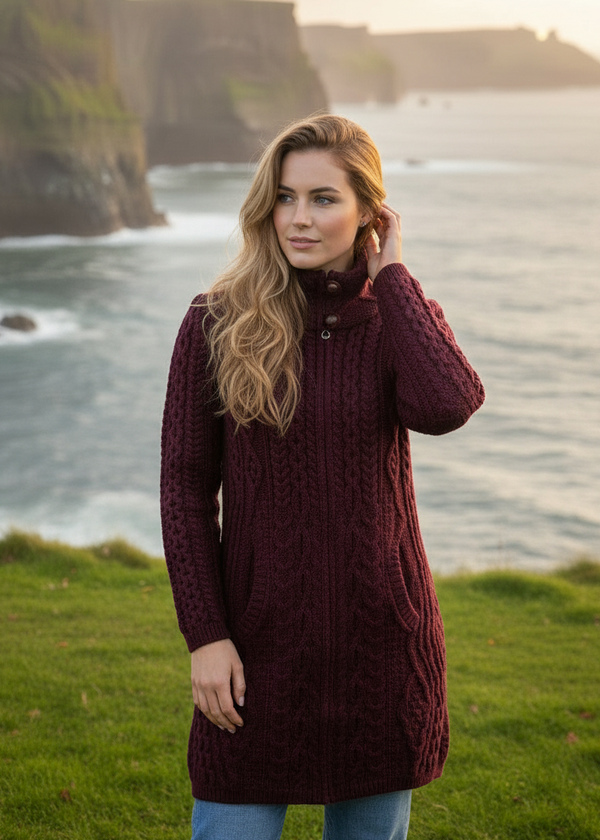 Aran Long Fitted Coat | Burgundy 
