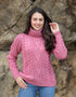 Women's Polo Neck Aran Sweater | Rosa Pink