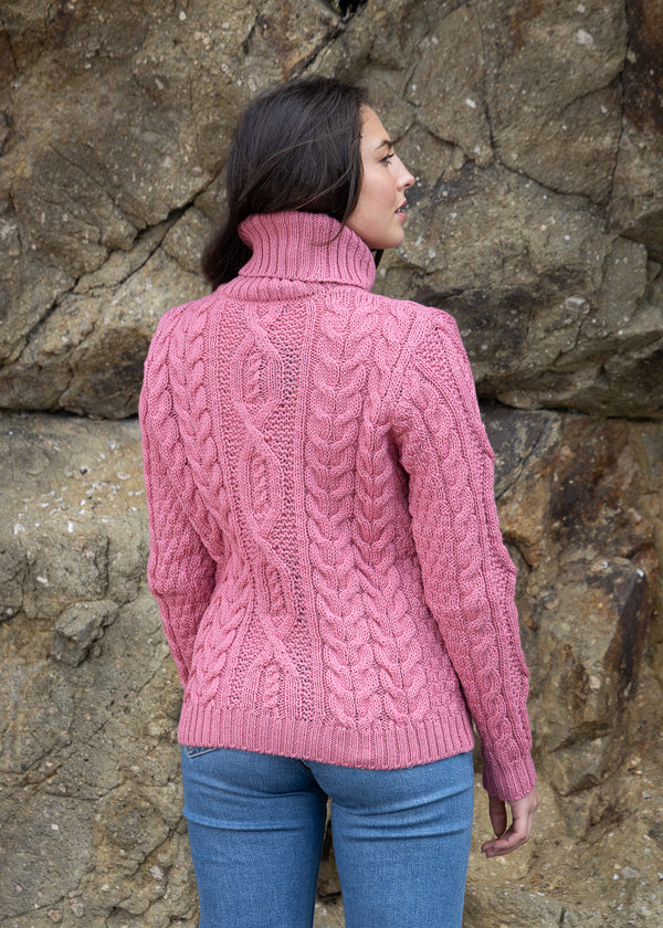 Women's Polo Neck Aran Sweater | Rosa Pink