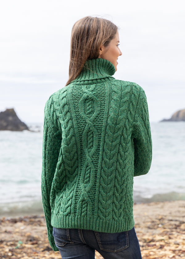 Women's Polo Neck Aran Sweater | Green Marl