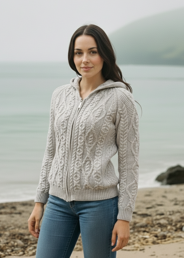 IrelandsEye Women's Aran Hooded Cardigan | Silver