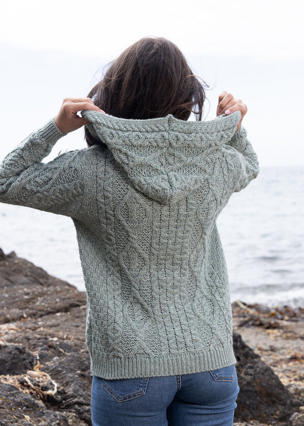 Women's Aran Hooded Cardigan | Sage Marl