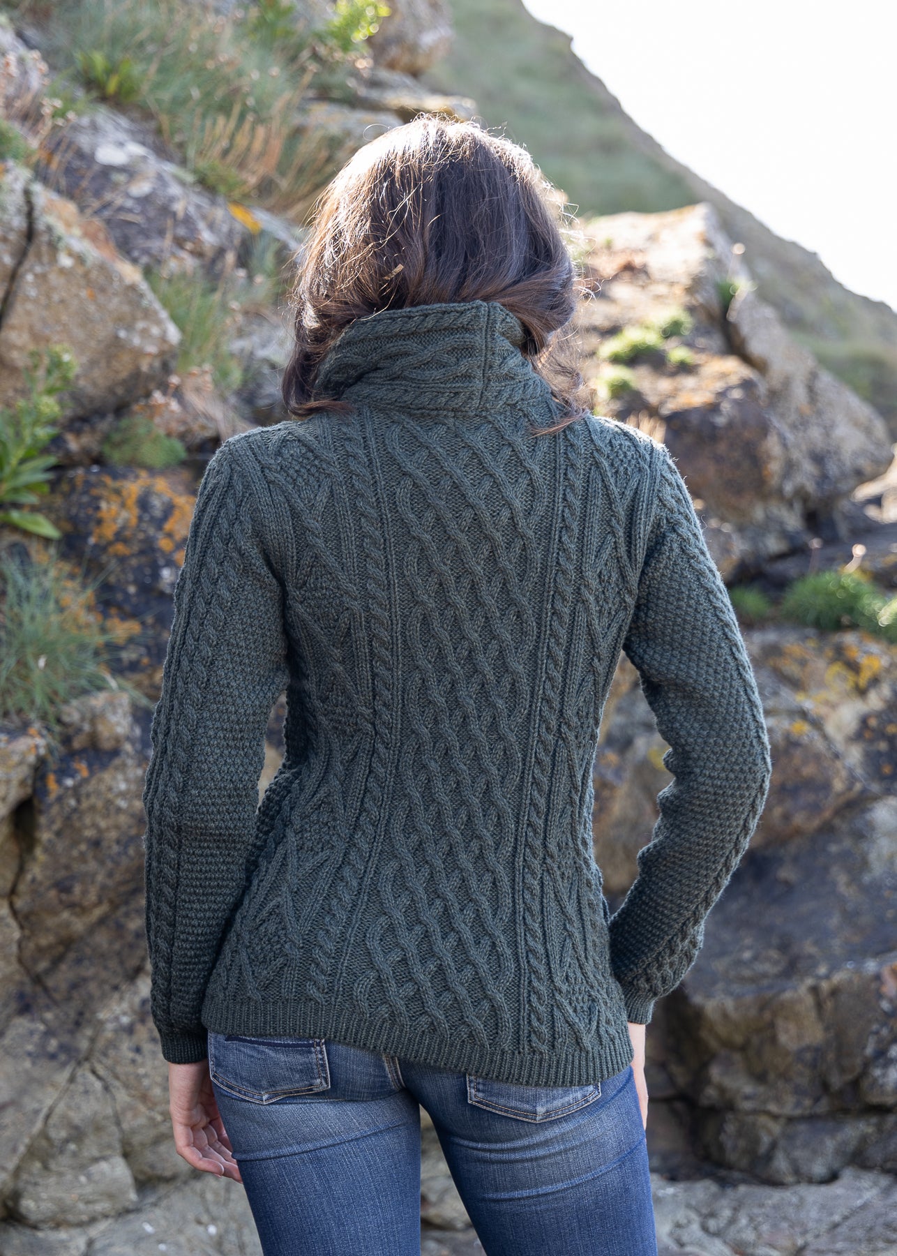 Aran Bikers Claddagh Side Zip Cardigan | Army Green