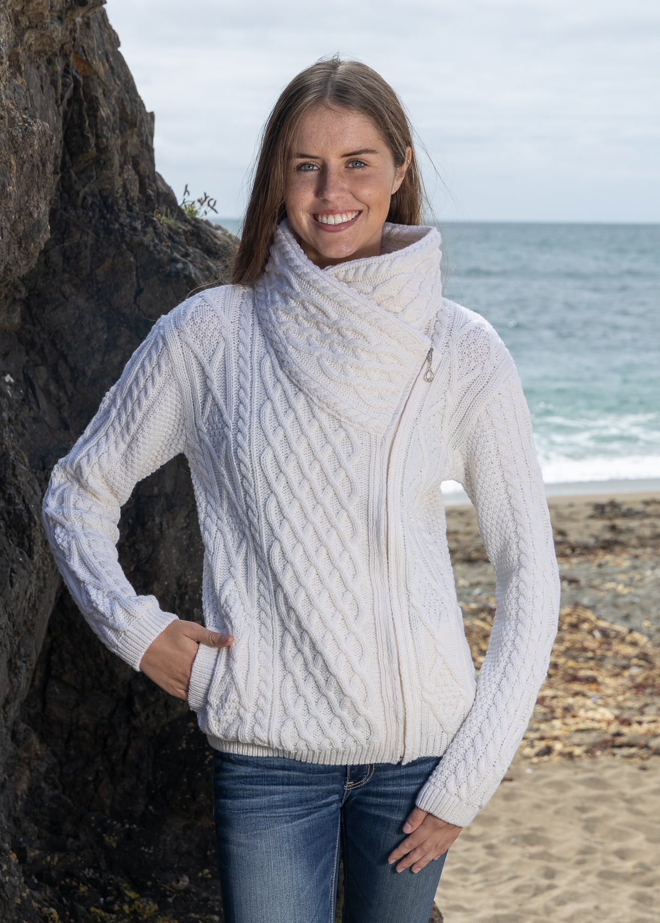 Aran Bikers Claddagh Side Zip Cardigan | Natural