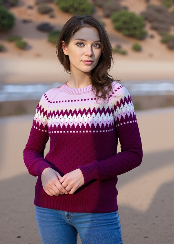 Ladies Slim-Fit Aran Fairisle Sweater | Raspberry Marl