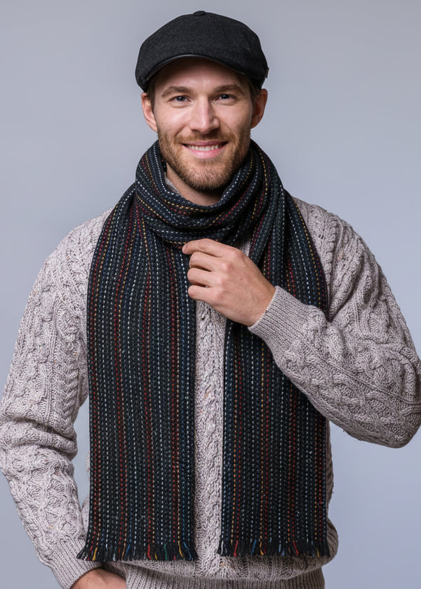 Mucros Donegal Wool Scarf | Black Red Multi Colour