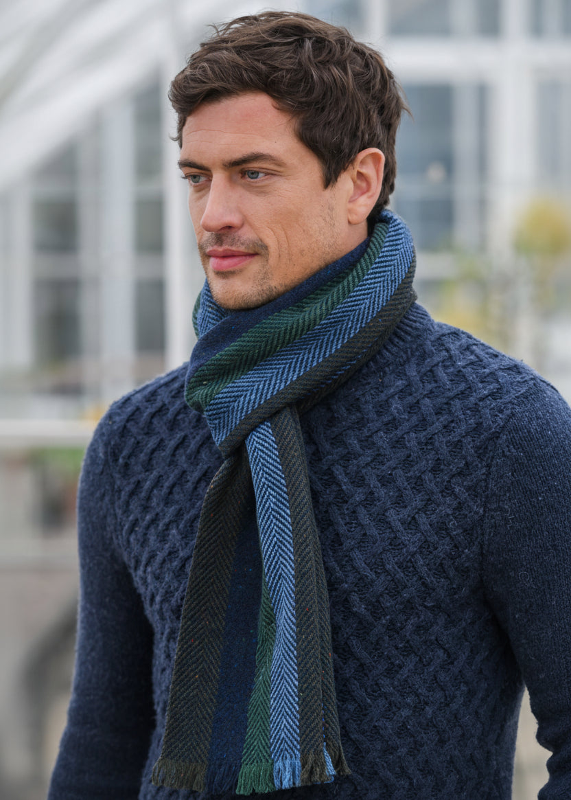 Mucros Donegal Wool Scarf - Navy Stripe | Made in Ireland