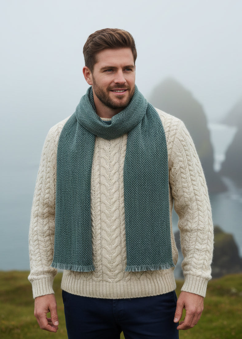 Mucros Donegal Wool Scarf | Green Herringbone | Made in Ireland