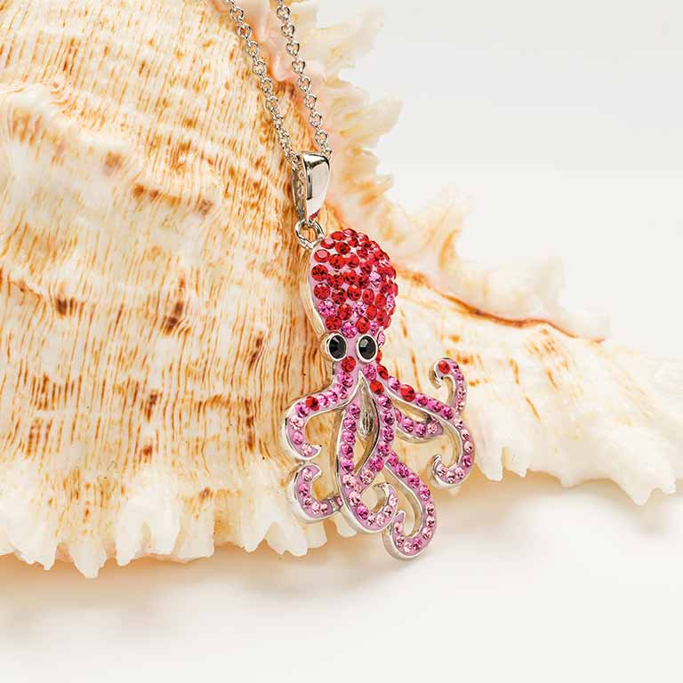 Sterling Silver Pink Crystals Octopus Necklace