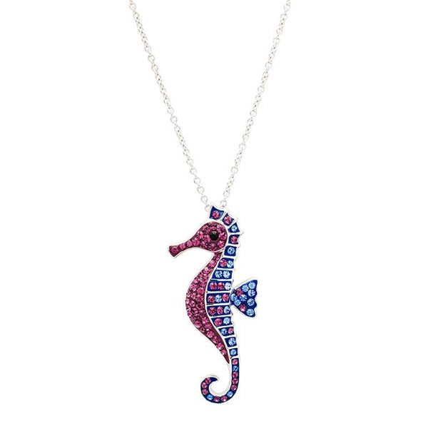Sterling Silver Sapphire and Amethyst Crystal Seahorse Necklace