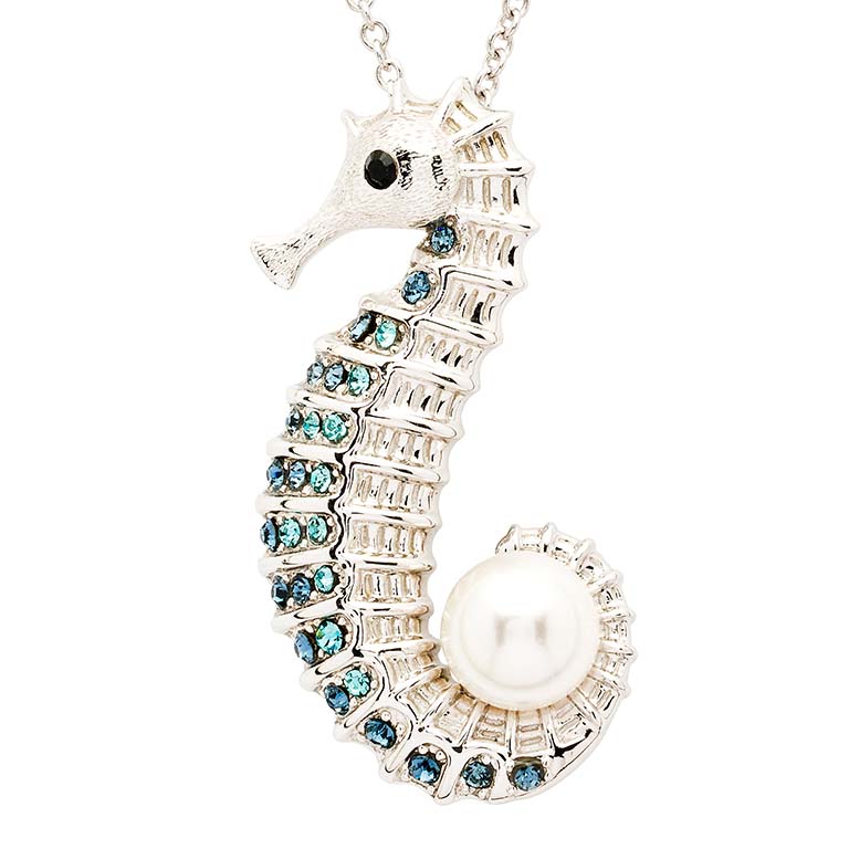 Sterling Silver Seahorse Pearl Necklace with Sapphire Crystals