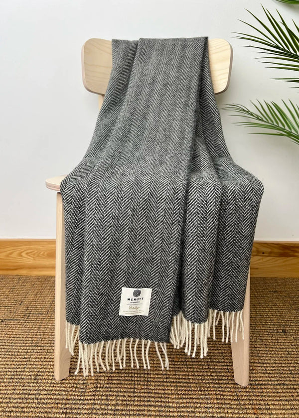 McNutt of Donegal Storm Grey Herringbone Blanket Throw | Pure Irish Wool