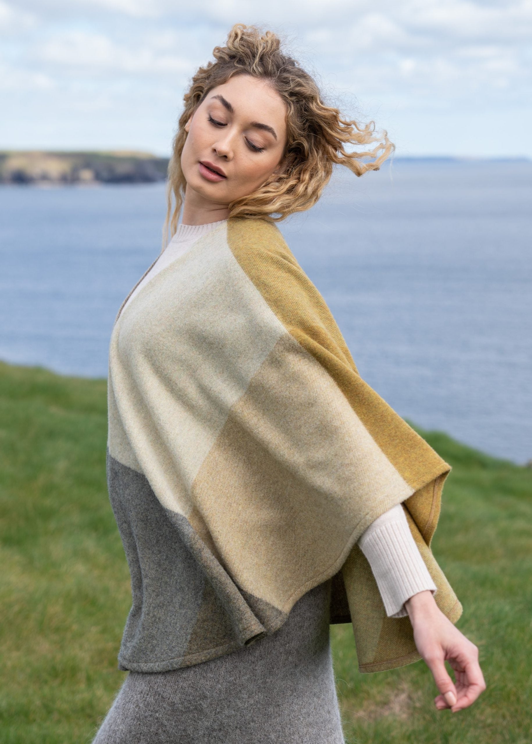 John Hanly Lambswool Cape | Mustard White Cream Grey Block