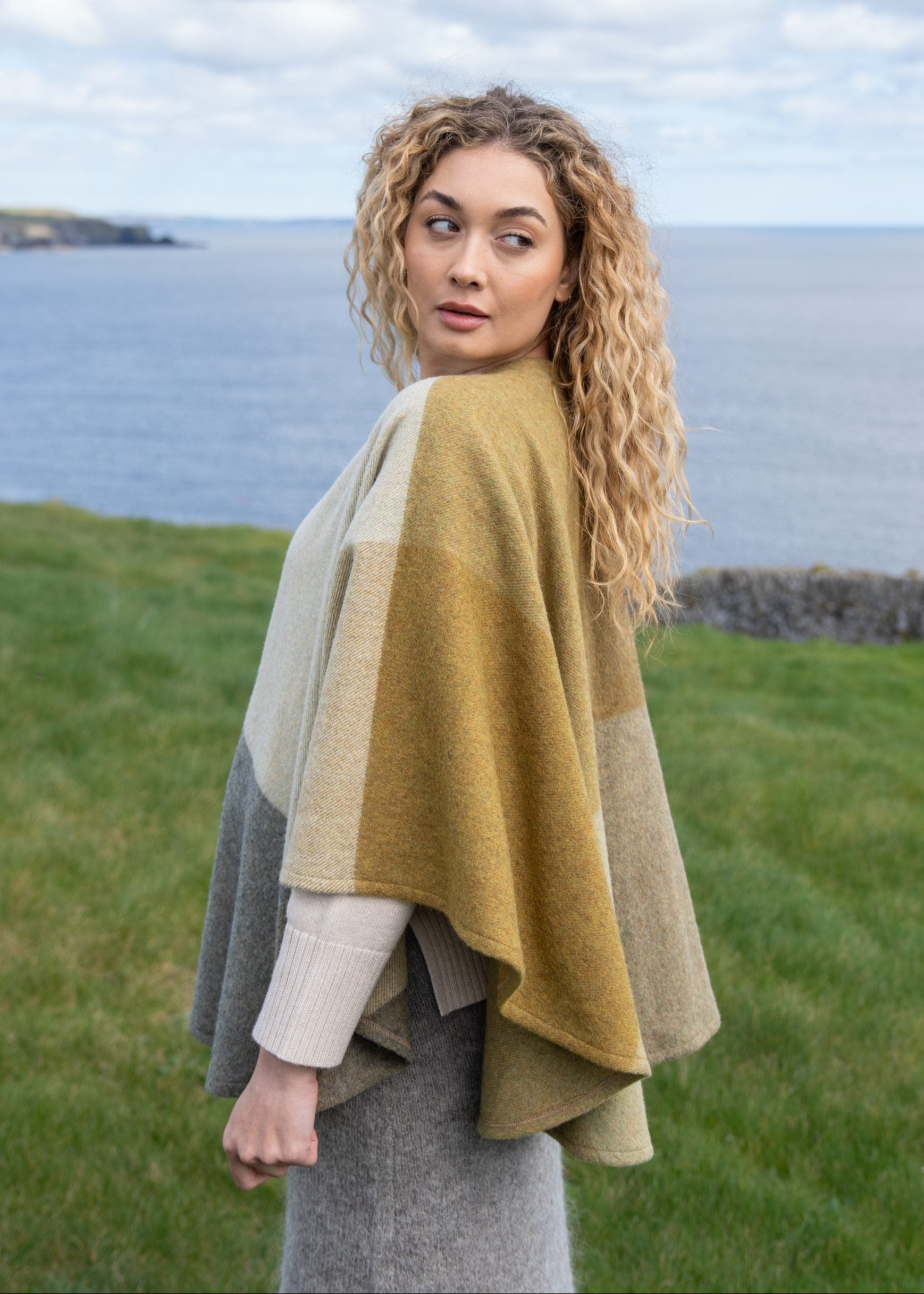 John Hanly Lambswool Cape | Mustard White Cream Grey Block