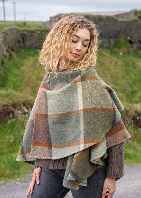 John Hanly Lambswool Cape | Green Brown Orange Cream Check