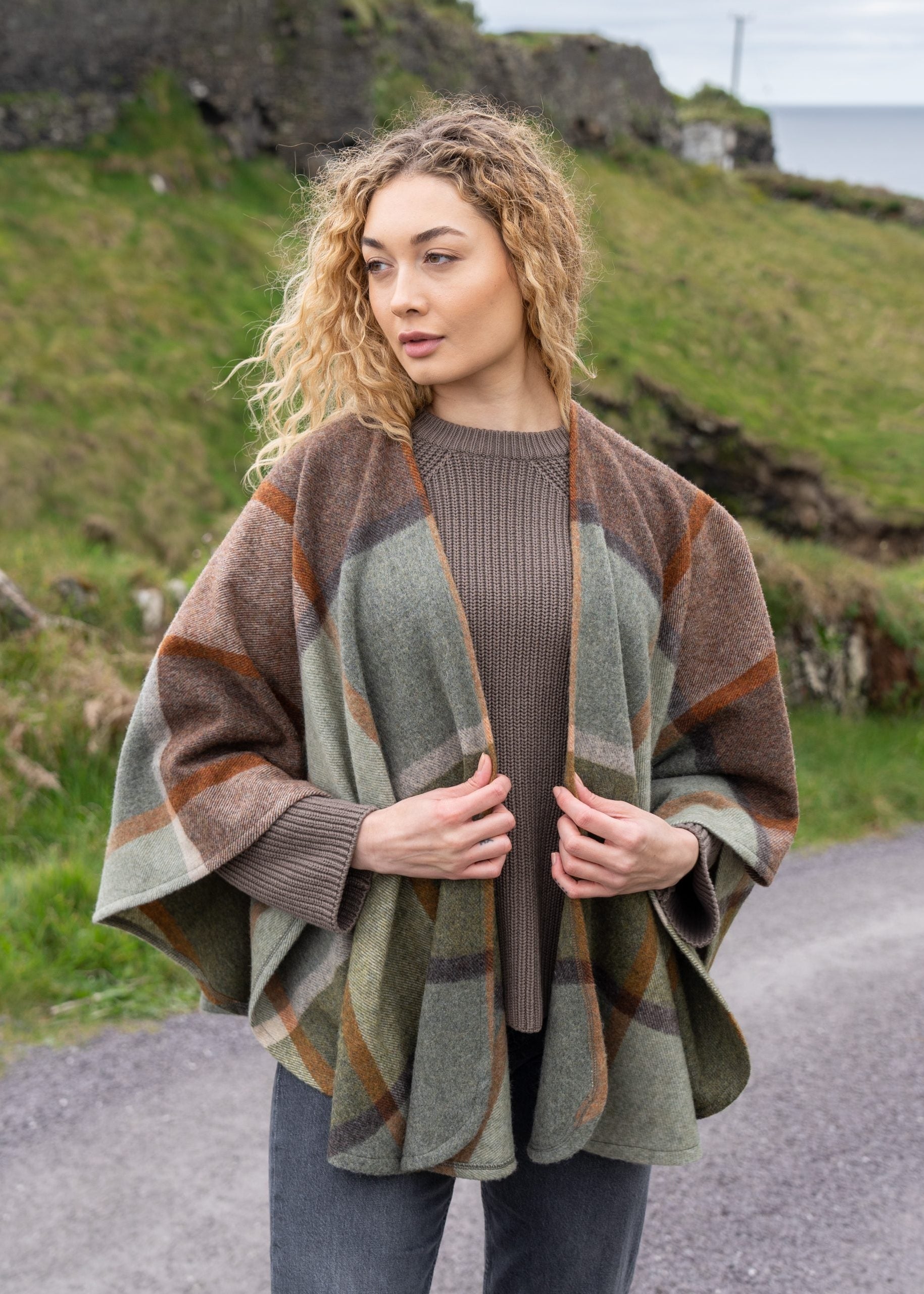 John Hanly Lambswool Cape | Green Brown Orange Cream Check