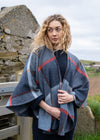 John Hanly Lambswool Cape Shawl | Blue Navy Rust Red Check | Irish Wool